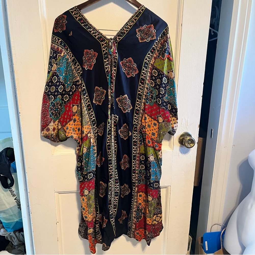 Vibrant Blue and Red Mini Sundress with 3/4 Bishop Sleeves tie front size 4XL